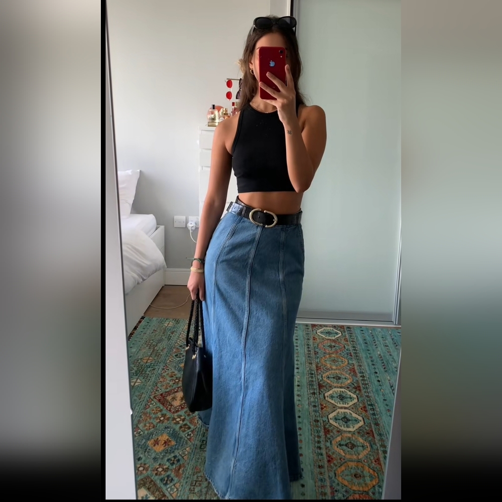 ZARA * HIGH-WAIST ZW LONG DENIM SKIRT FLARED FADED BLUE BLOGGER - Picture 4 of 16